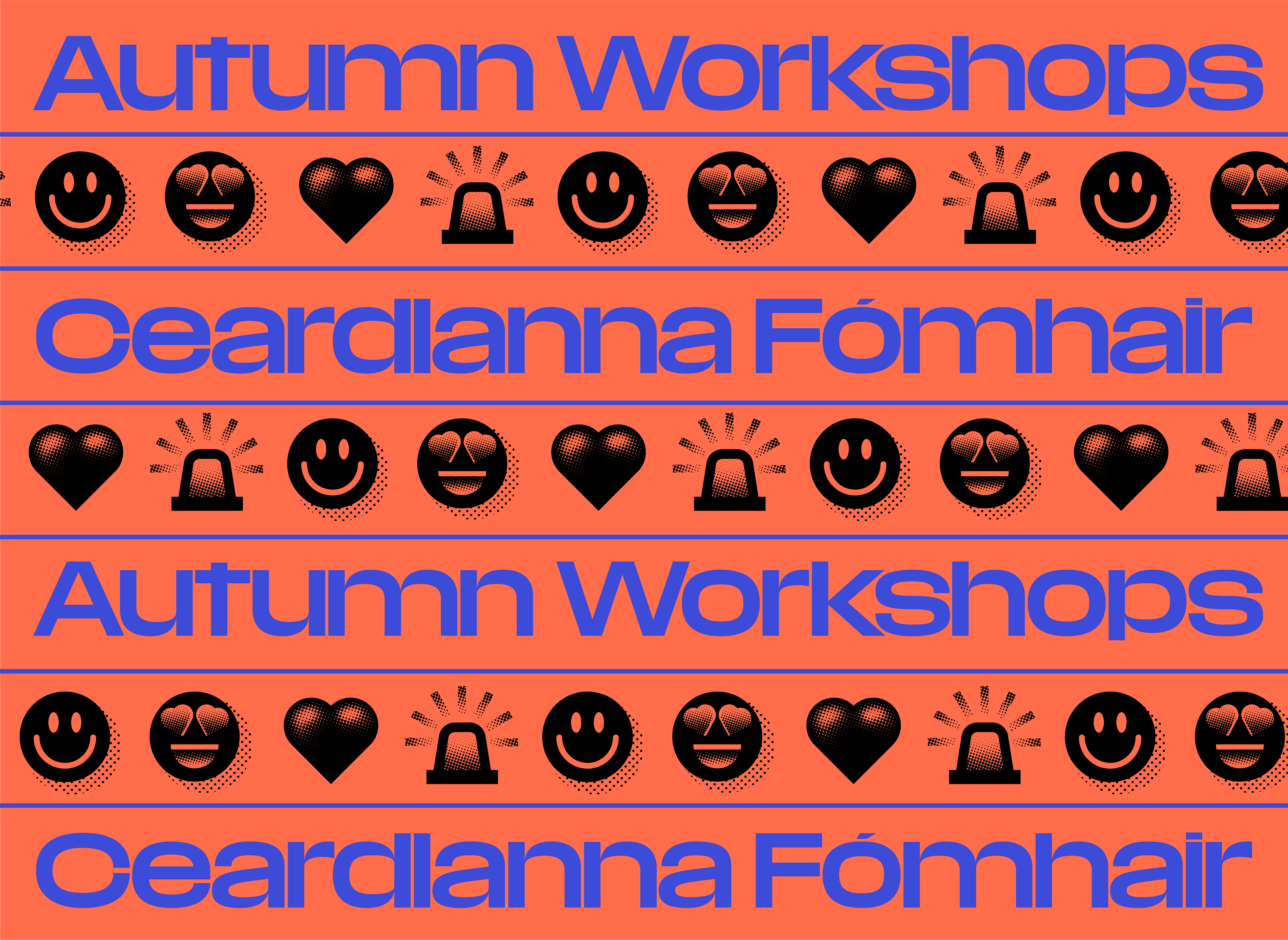 Infogrpahic with the words "Autumn Workshops" and "Ceardlanna Fómhar"
