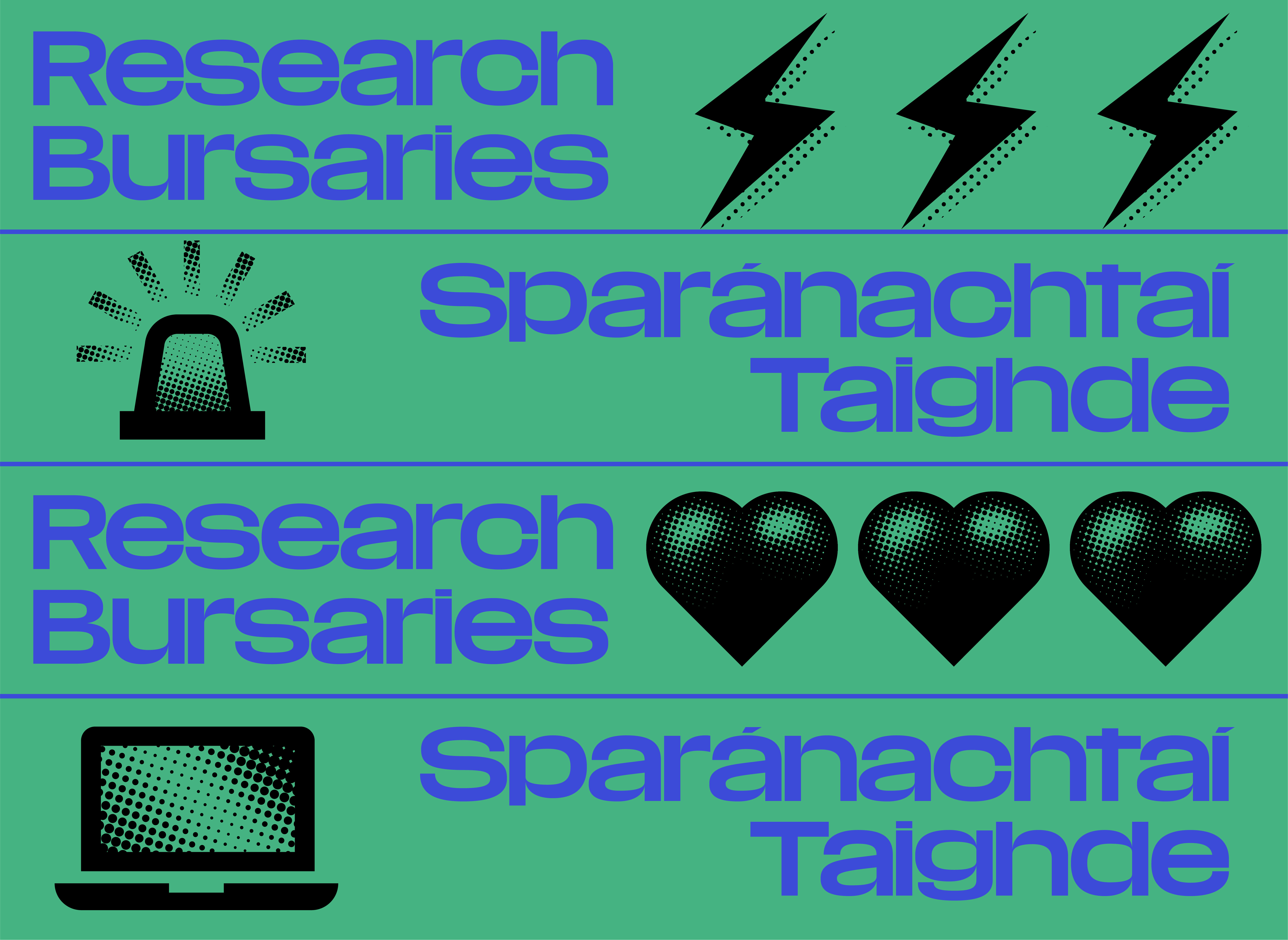 Infographic with the words "Research Bursaries" and "Sparánachtaí Taighde" on it