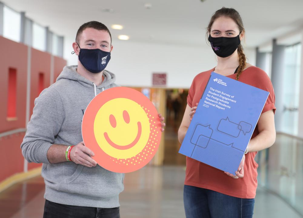 Colin Kearney, GMIT SU President and Ricarda Bolle, GMIT SU Education Officer celebrate the launch of the national StudentSurvey.ie report