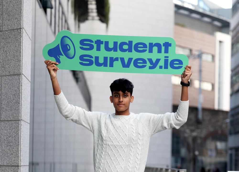 Undergraduate students with StudentSurvey.ie logo