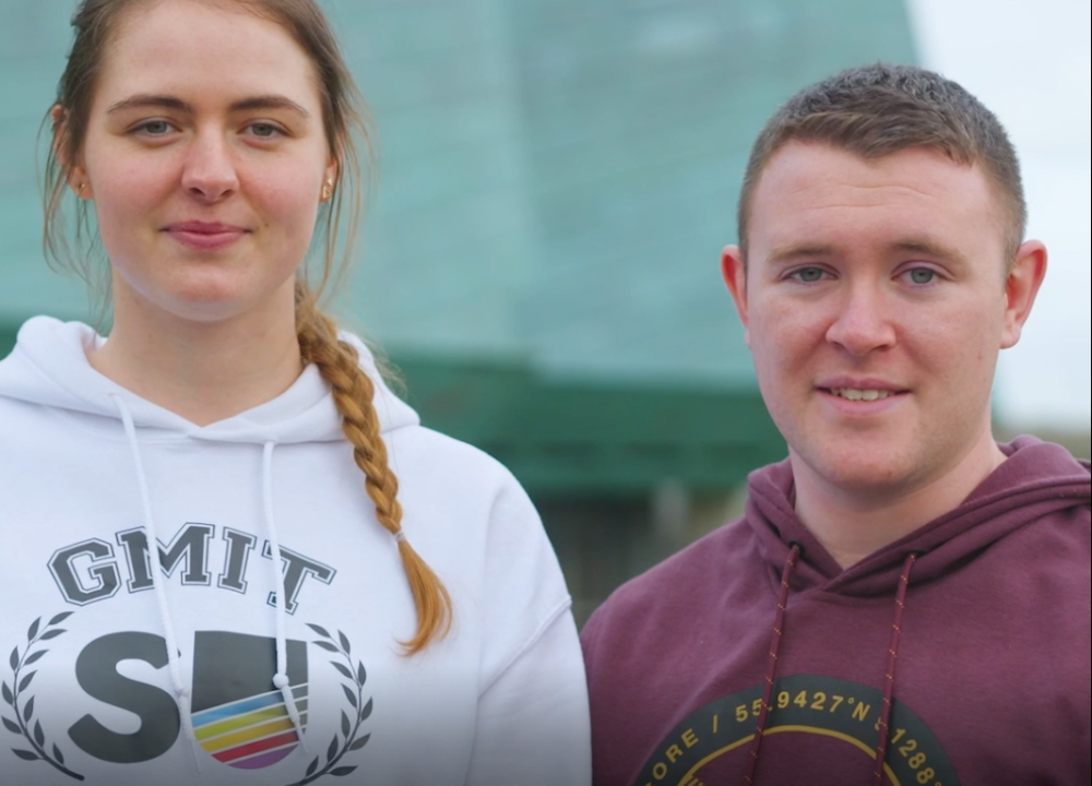 Screenshot of video of GMITSU representatives Colin Kearney and Ricarda Bolle encouraging other students to take the survey