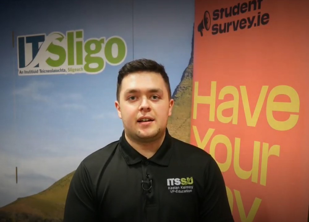 Screenshot of video of IT Sligo SU representative Keelan Kennoy encouraging other students to take the survey