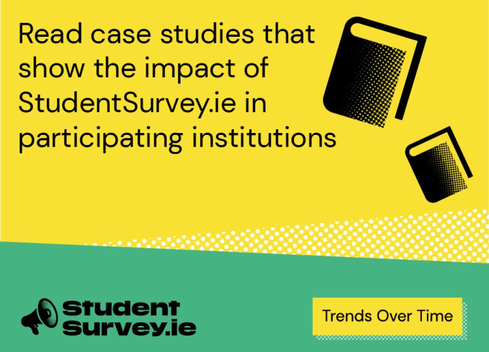 Image of black text on yellow background. The text reads - Read case studies that show the impact of StudentSurvey.ie in participating institutions 