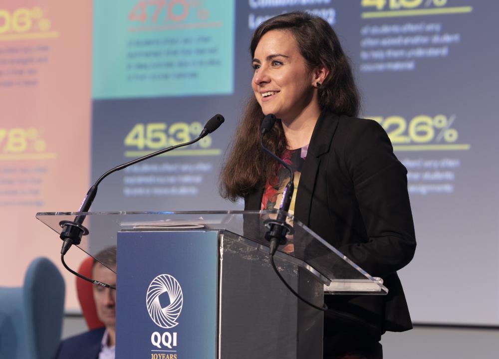 Photograph of Siobhán Nic Fhlannchadha launching the National Report 2022