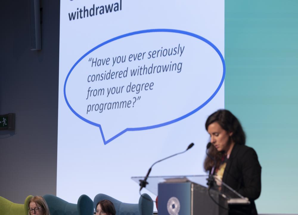 Photograph of Siobhán Nic Fhlannchadha launching the National Report 2022