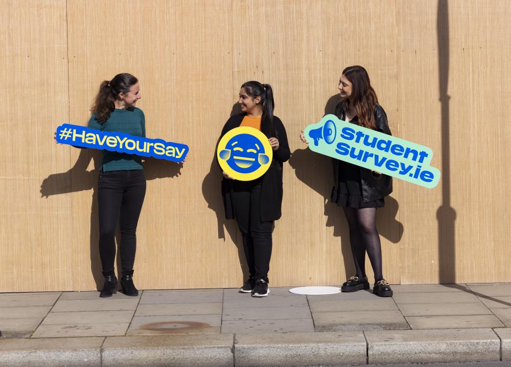 Photograph of Dr Siobhán Nic Fhlannchadha, Varnika Bagai and USI VP for Academic Affairs Clodagh McGivern launching the National Report