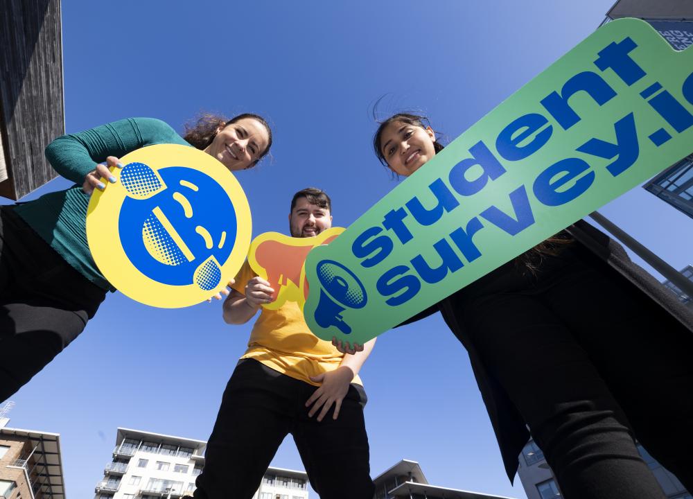 Photograph of StudentSurvey.ie Manager Dr Siobhán Nic Fhlannchadha, Lorcan Mills (NCI) & Varnika Bagai (NCI) launching the National Report 