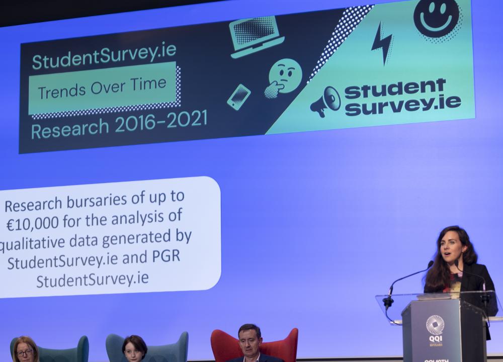 Photograph of Dr Siobhán Nic Fhlannchadha at the launch of the StudentSurvey.ie National Report 2022
